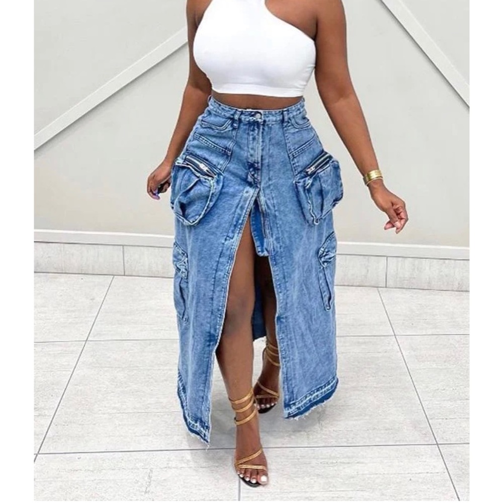 Acid Wash Denim Skirt - Slit-Front - Cargo Pockets
